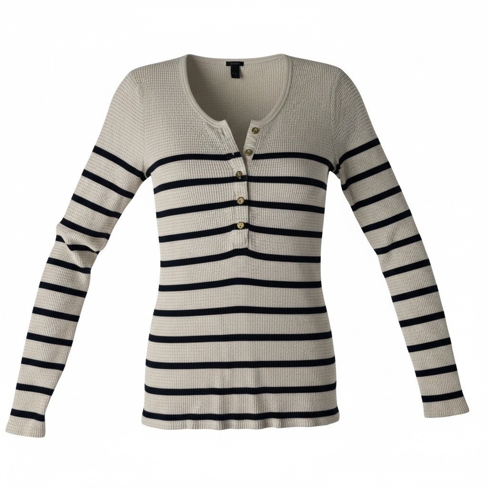 J.Crew Womens Cream Navy Striped Waffle Knit Henley Top Long Sleeve Small